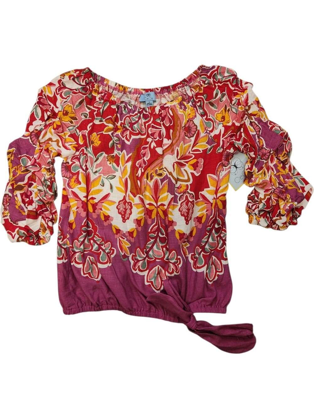 NWT CeCe Floral Off Shoulder Linen Blend Top Small Ruched Sleeve Boho Blouse